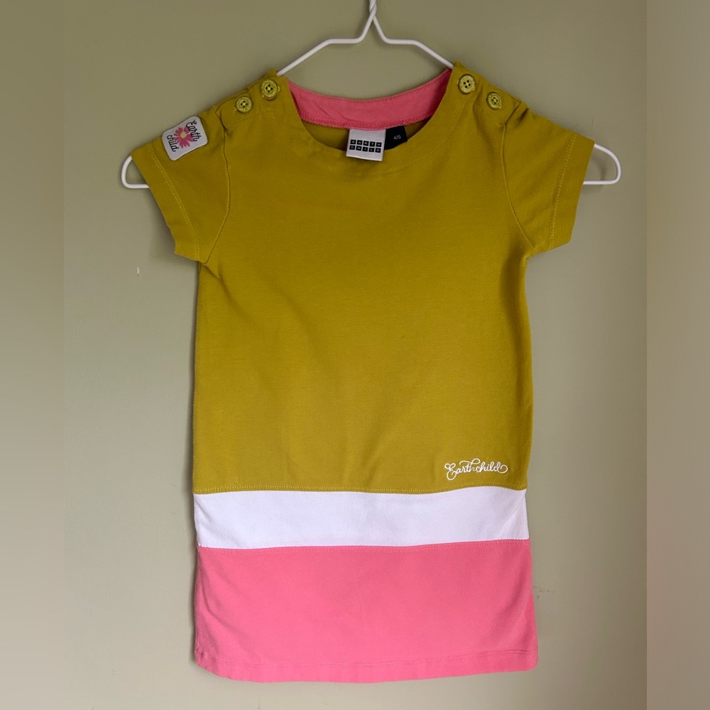 Earth Child 3 color block cotton knit dress shift style. Pink, white, green 4/5